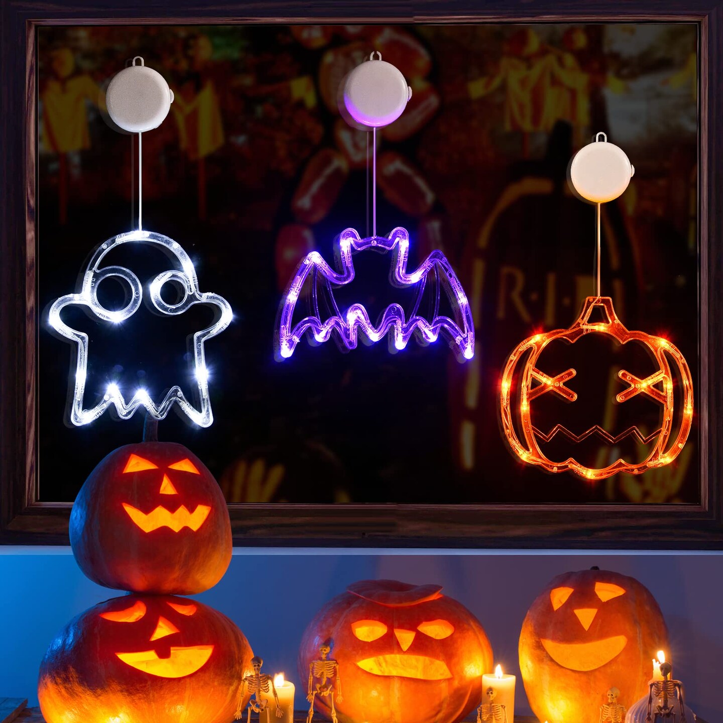 3 Pieces Halloween Decorations Orange Pumpkin, White Ghost, Purple Bat Halloween Window Lights with Suction Cup, Battery Operated Halloween Lights, Upgrade Slow Fade Mode and Timer Function