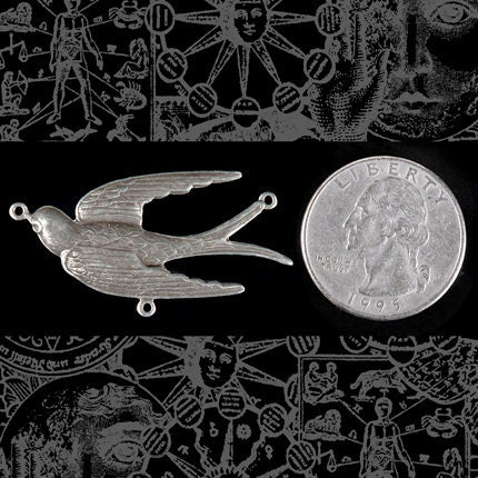 Antiqued Silver Plated Brass Flying Bird Pendant with Three Rings - S-P21