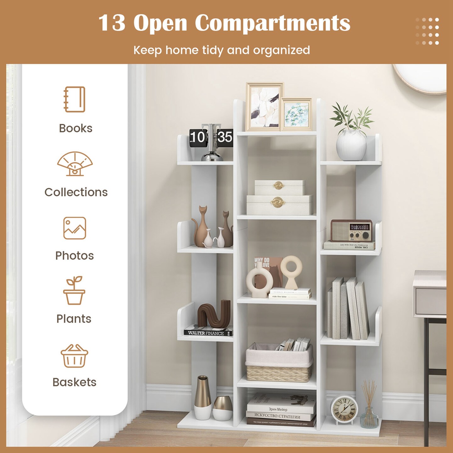 Costway 1/2 PCS Bookshelf Tree-Shaped Bookcase with 13 Storage Shelf Rustic Industrial Style White/Coffee