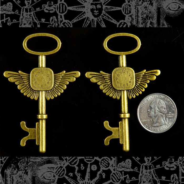 Bronzed Finish Flying Clock Key Pendants - Set of Two - ZB-P12