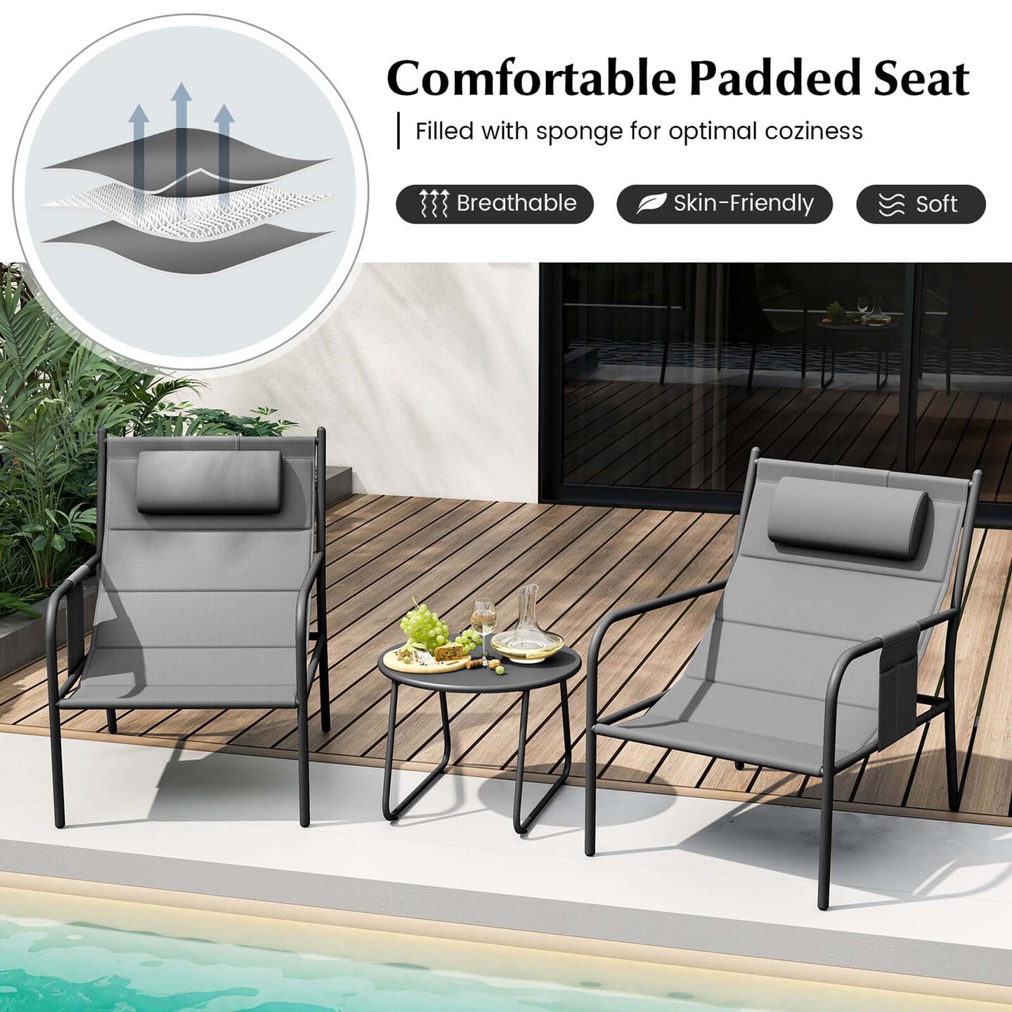 Costway 3 PCS Outdoor Bistro Set Breathable Seat Fabric & Cozy Headrest Metal for Yard