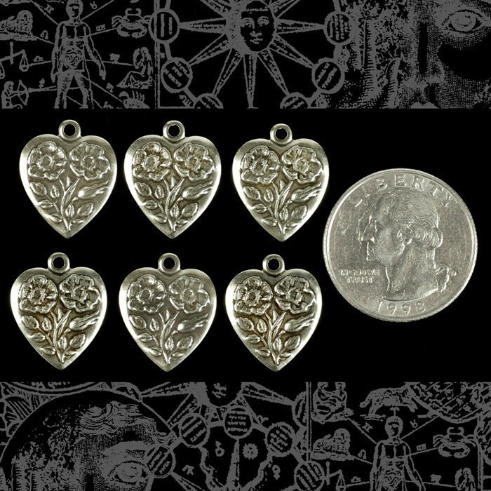 Antiqued Silver Plated Brass Floral Heart Charms - Set of Six - S-C61