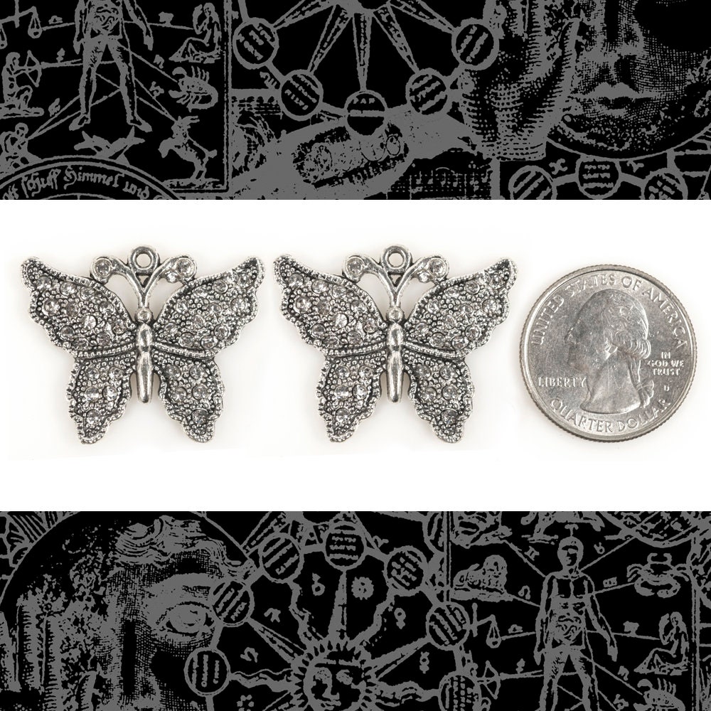Silver Butterfly Charms with Clear Rhinestones - Set of Two - ZS-C25