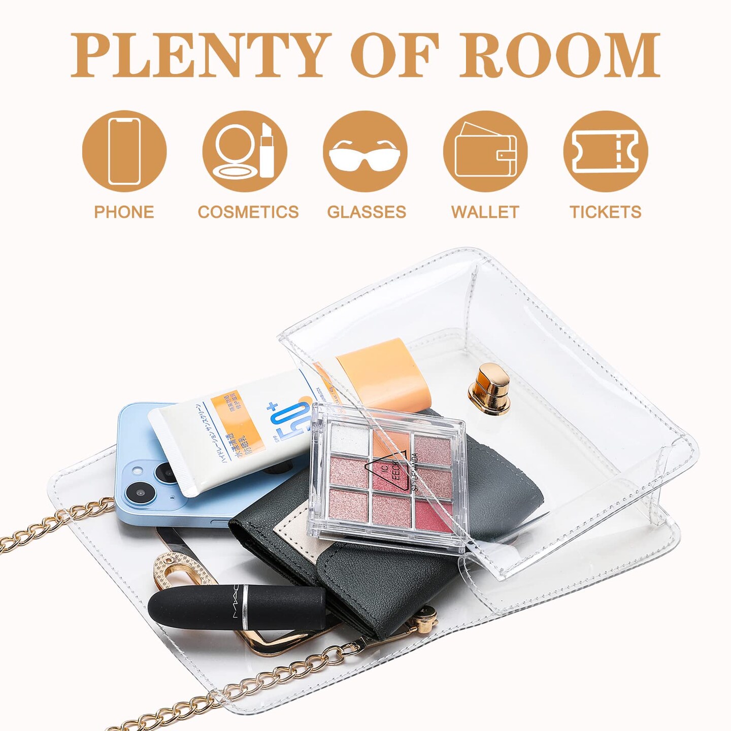 Clear Purse Stadium Approved for Women,Small Clear Bag Crossbody,Clear Clutch Handbag for Concert,Gameday(Golden)