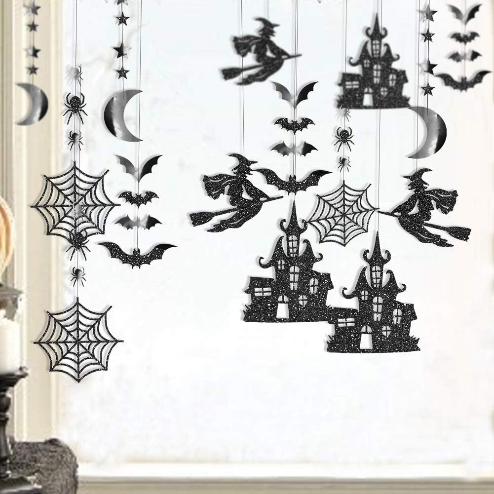 Halloween Witch Garland for Haunted House Decoration Black Glitter Gothic Sticker Decals Star Moon Hanging Streamers Backdrop for Halloween Party Birthday Baby Shower Office Classroom Decor