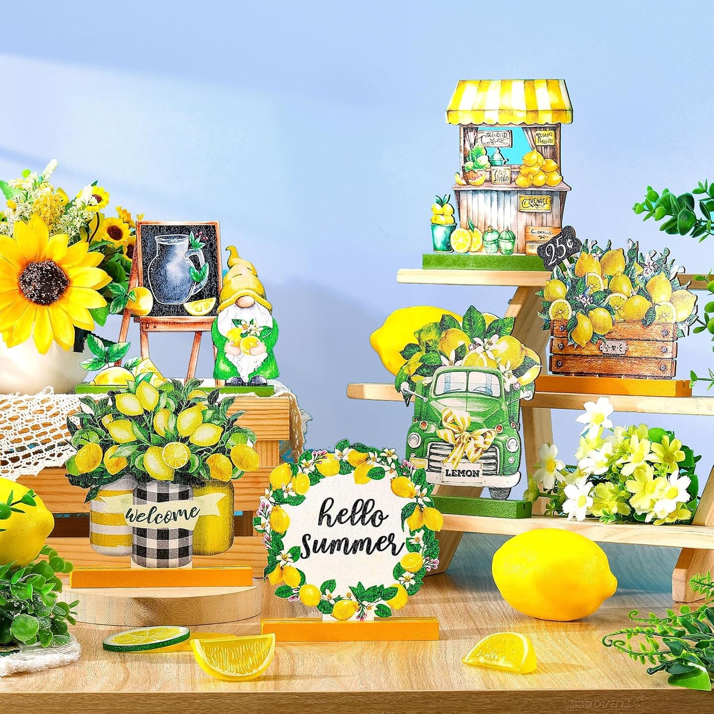 6 Pcs Summer Tabletop Decor Lemon Wooden Tabletop Decor for Home Party Office Kitchen Shelf Display