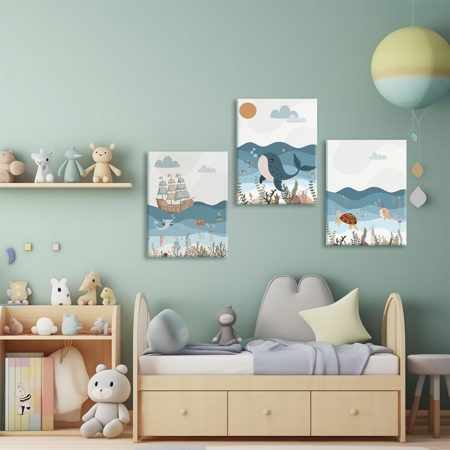 Framed Summer Blue Ocean Nautical Nursery Canvas Wall Art Decor Sea Turtle Whale 12&#x22;x16&#x22;