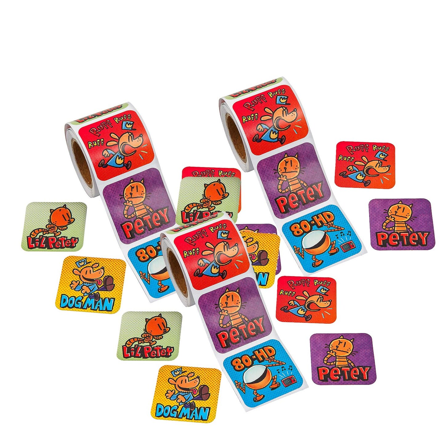 Dog Man Characters Sticker Roll 100 Pieces 1 1/2" x 1 1/2" Fan-Favorite Stickers