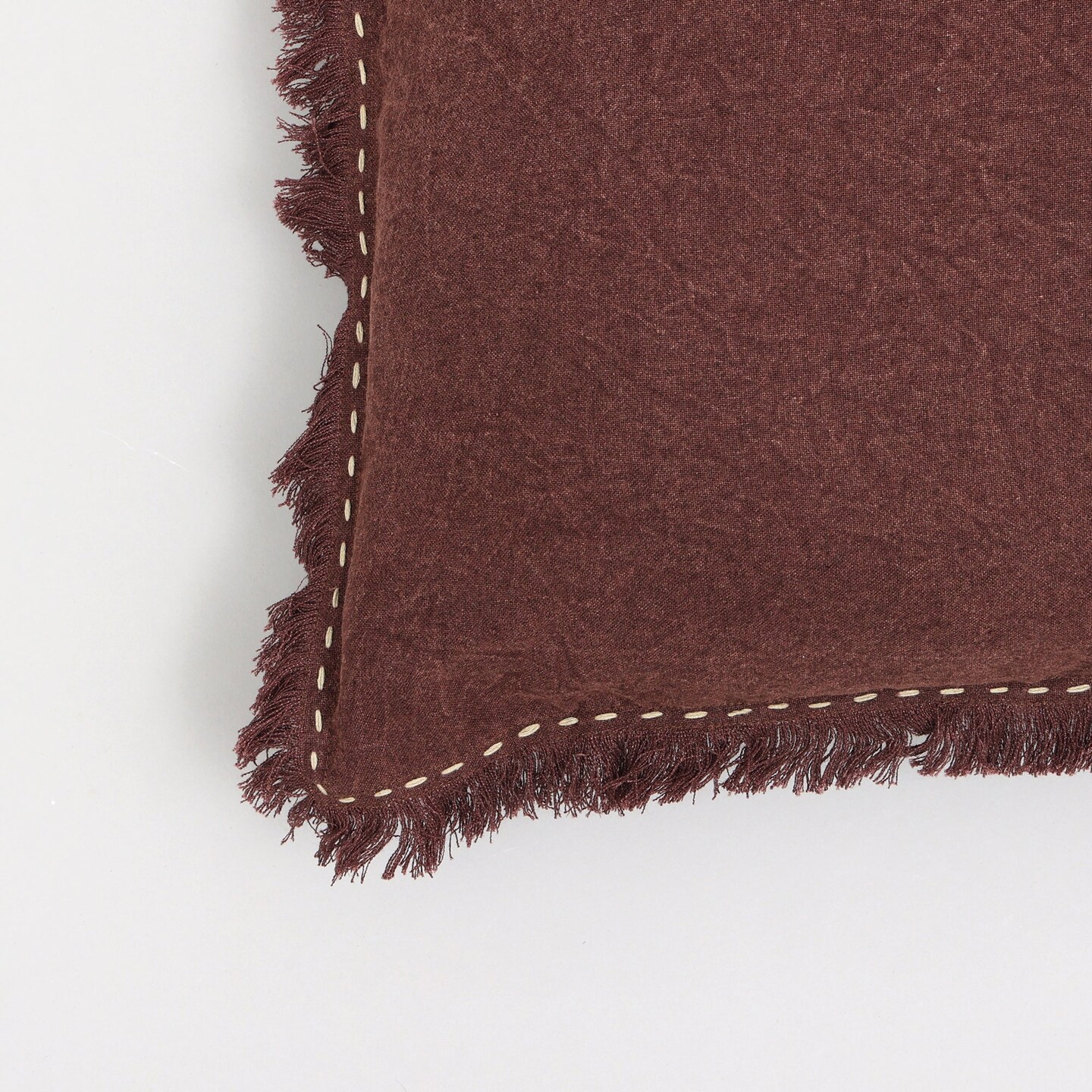 Stonewashed Linen Throw Pillow with Handworked Edges &#x26; Fringe - 22&#x22; x 22&#x22;