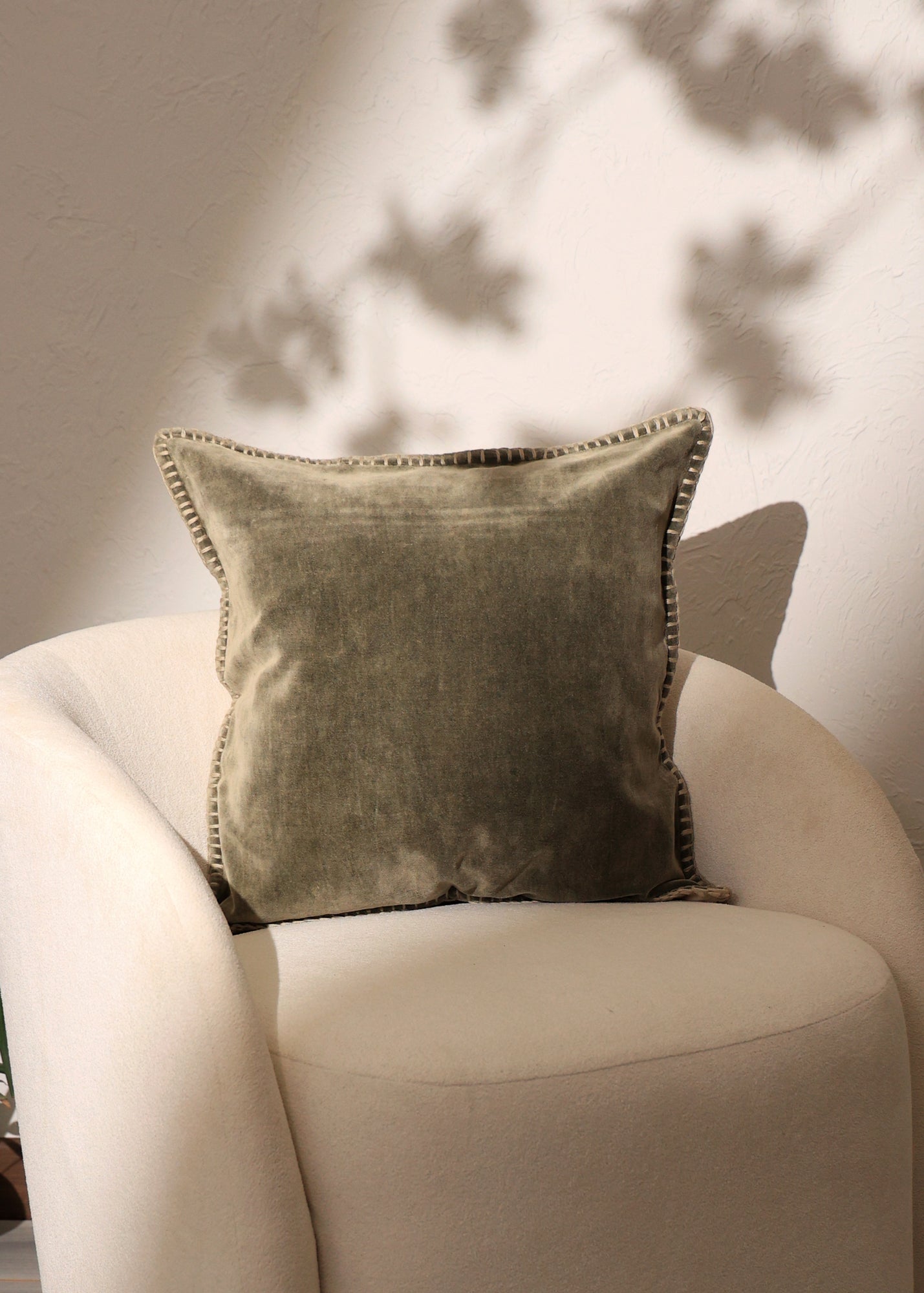 Stonewashed Cotton Velvet Throw Pillow &#x2013; 18&#x22;x18&#x22; Decorative Cushion with Handstitched Edges