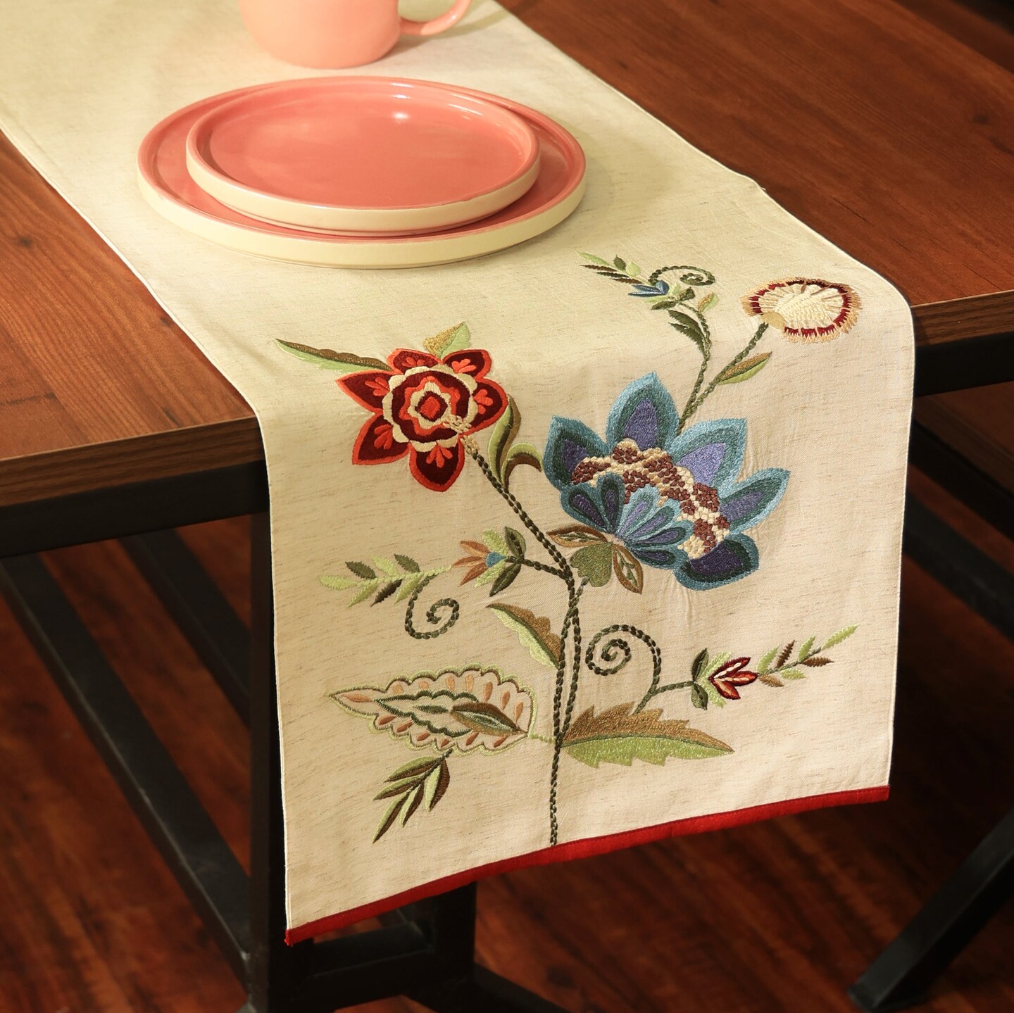 Handcrafted Slub Cotton Table Runner with Embroidery - 72”
