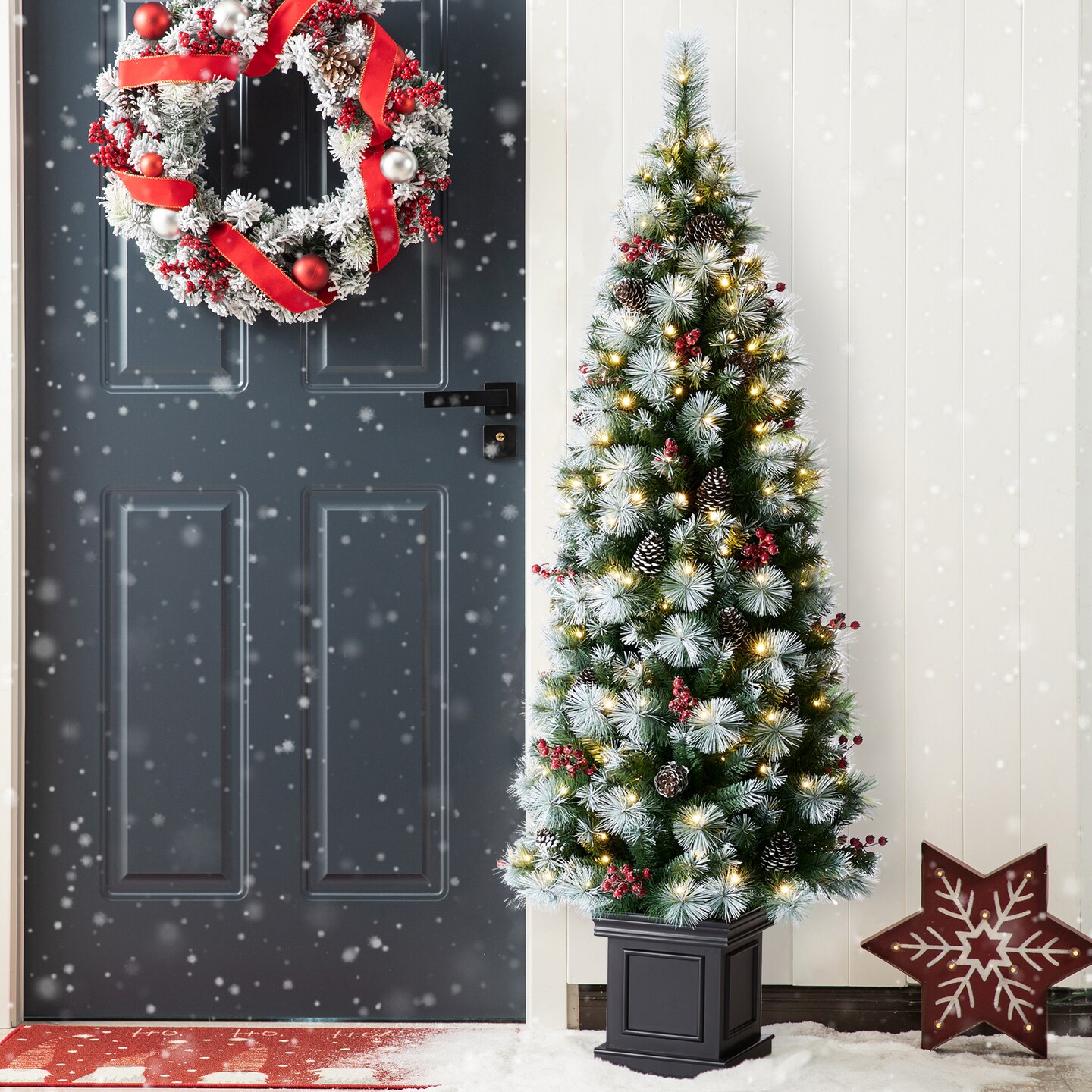 Set of 2 4ft/5ft/6ft Pre-Lit Pine Artificial Christmas Porch Tree with Decorative Urn Pot