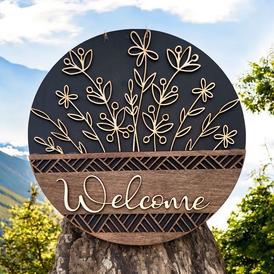Personalized Wood Welcome front door sign Wild flower front door