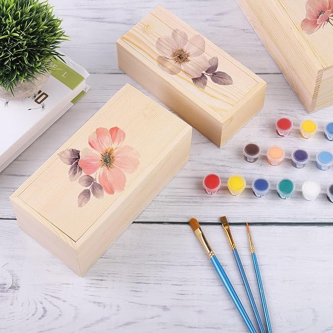 3 Pack Unfinished Wooden Box with Slide Lid, Blank Pine Wood Box Case Container Wood Jewelry Box for Storage