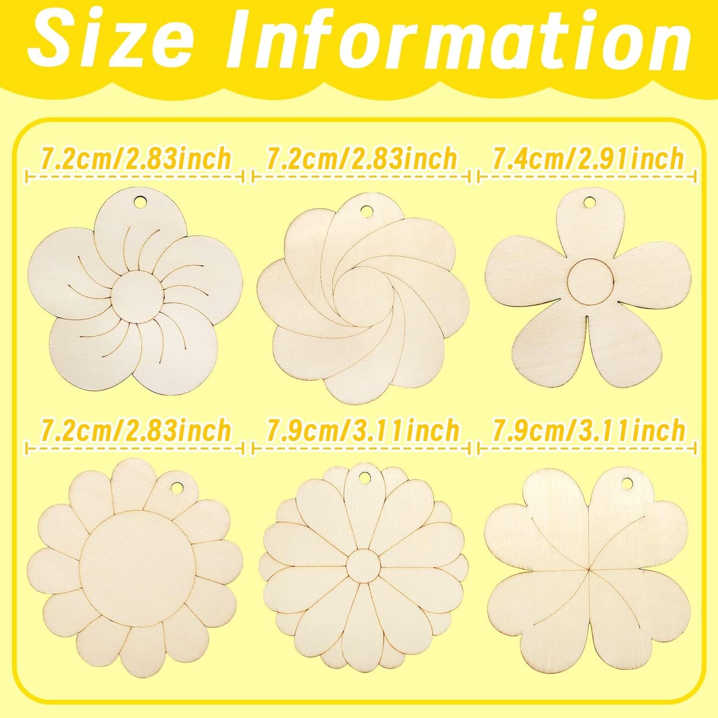 30 Pieces Flowers Wood Cutouts Floral Wooden Slices 3 inch Unfinished Blank Wood Ornaments Flower Embellishments for Painting DIY Projects Decoration(6 Flower Styles with 30 Hanging Strings)