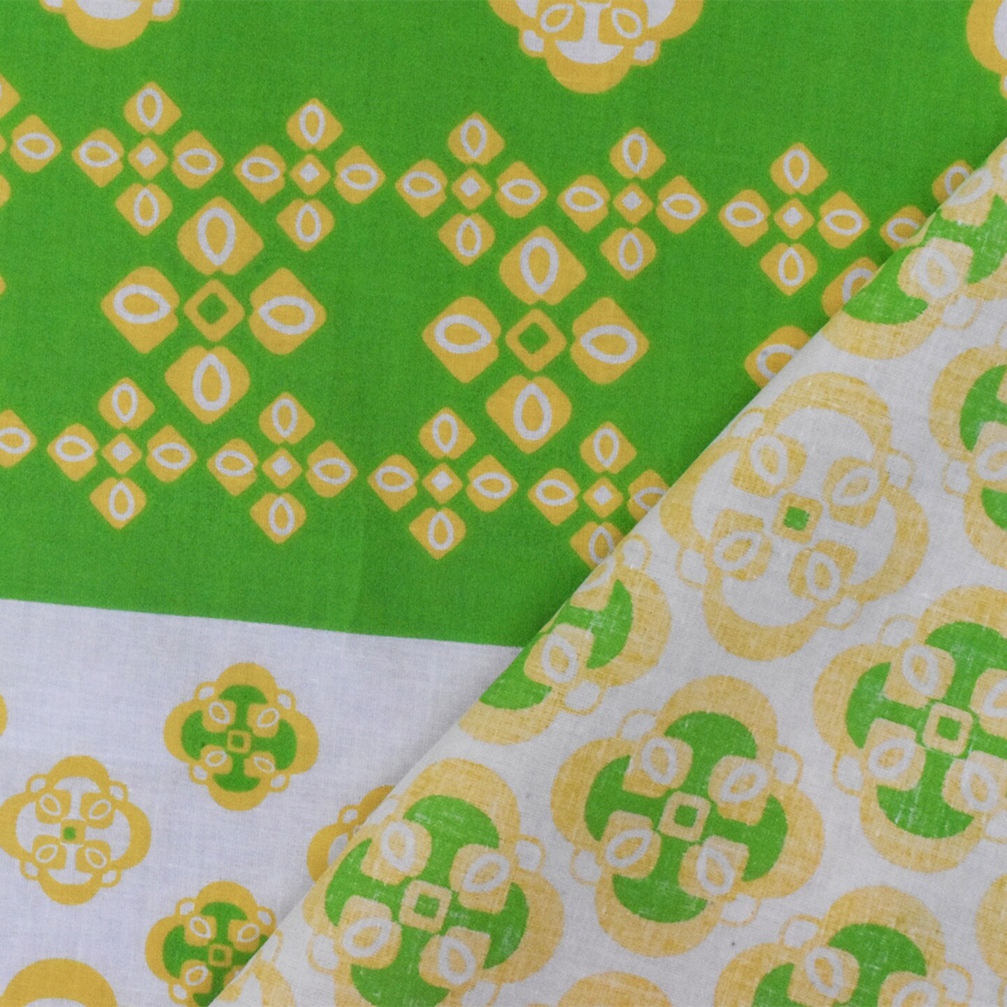 Ivory-Yellow-Green Striped Quatrefoil Printed Cotton Voile Woven Fabric By the Yard