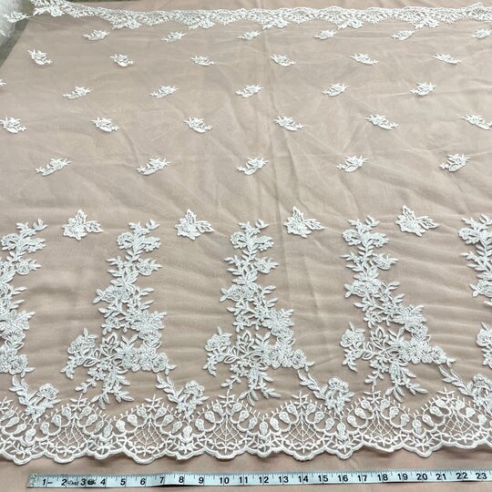 1 Yard Opulent Beaded and Corded Bridal Lace Fabric Embroidered on Polyester Net Mesh