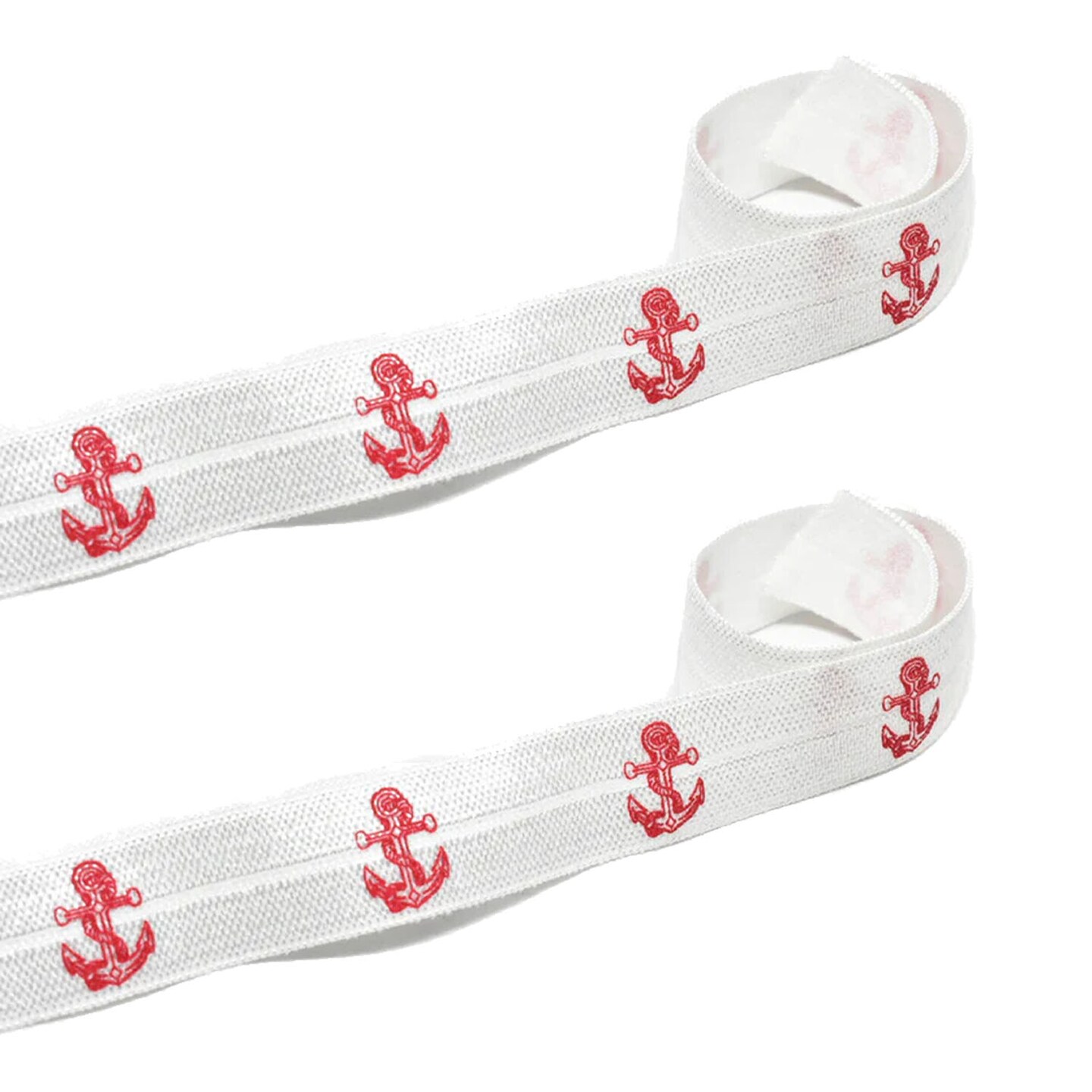 1 Yard Red Anchor Print Fold Over Elastic Stretch DIY Craft Ribbon 0.63 inch Width