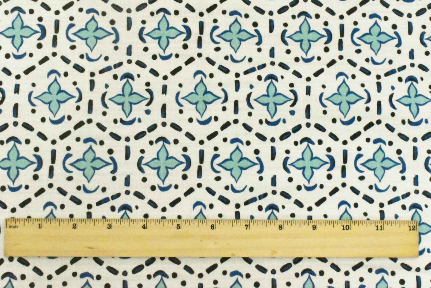 Aqua Teal-Blue Abstract Tile Printed Slub Woven Decorating Fabric By the Yard
