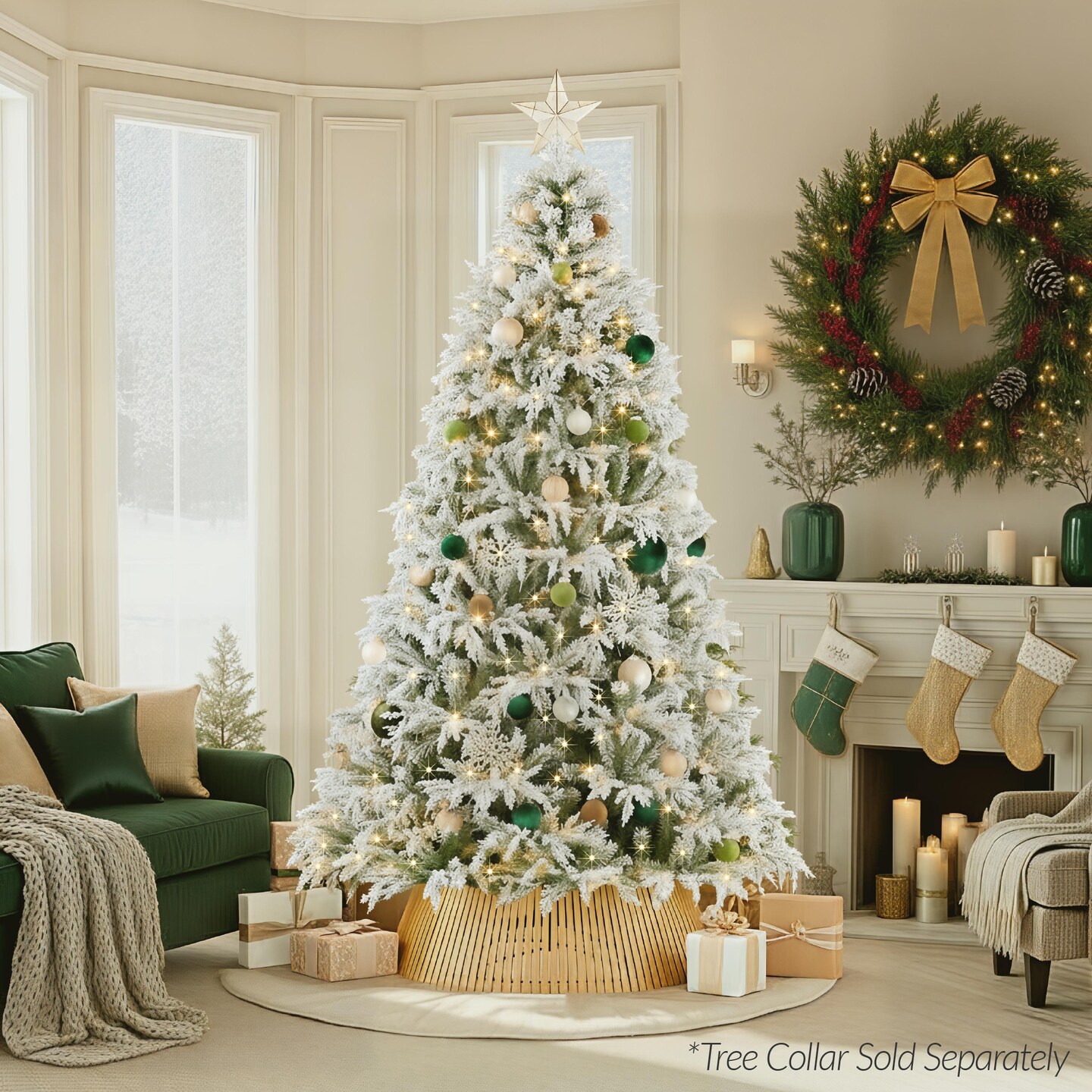 Pre-Lit Flocked Cedar Cypress Christmas Tree w/Twinkling Lights, Artificial Holiday Décor, White & Multicolored LEDs