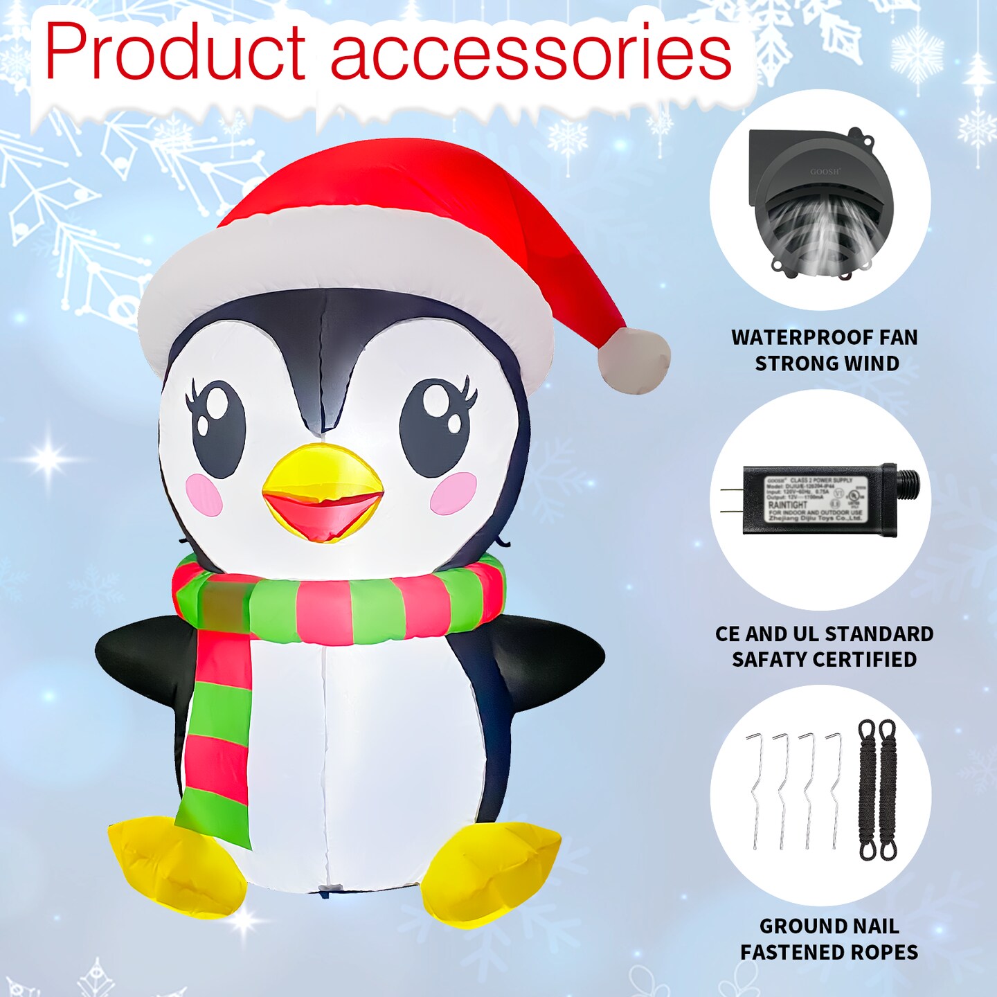 GOOSH 5FT Christmas Penguin Inflatable with Santa Hat, Scarf, and LED Lights