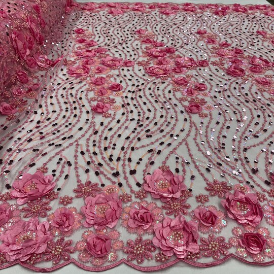 1 Yard Beaded Sequined 3D Floral Lace Fabric Embroidered 100 Percent Polyester Net Mesh 52 inch Width