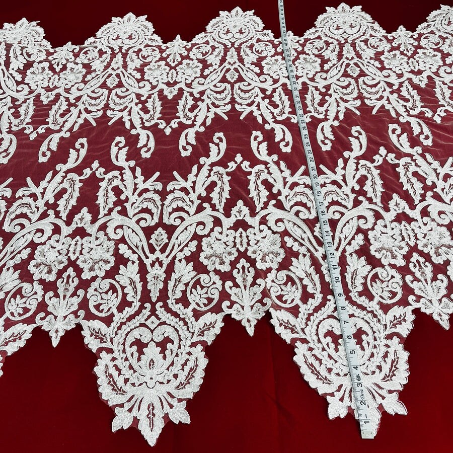 1 Yard Glamorous Beaded and Corded Bridal Lace Fabric Embroidered on Polyester Net Mesh