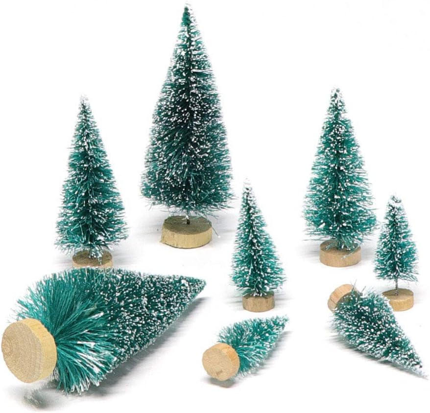 24 Mini Bottle Brush Christmas Trees with Wood Base (Blue-green) 3"D x 3"W x 0.75"H