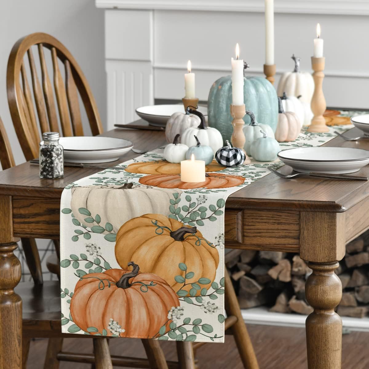 Orange - Pumpkins Eucalyptus Leaves Fall Table Runner