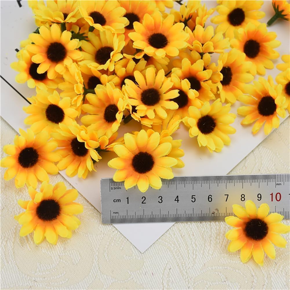 100Pcs Yellow Artificial Flower Heads Mini Fake Sunflower Decorative (Yellow) 1"D x 1"W x 0.2"H