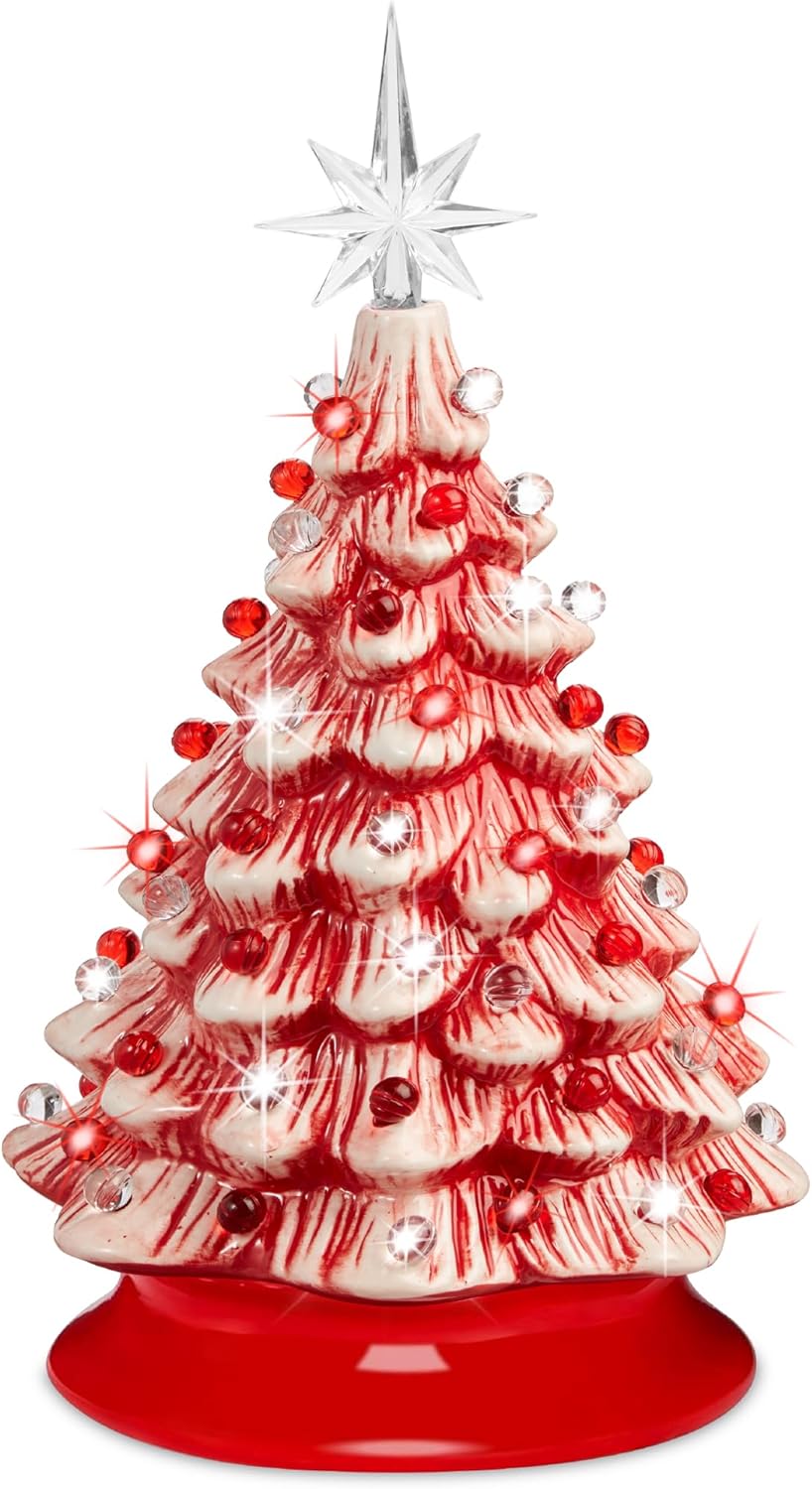 15in Ceramic Christmas Tree Pre-Lit Tabletop Holiday Tree with Star Topper and Multicolored Bulbs