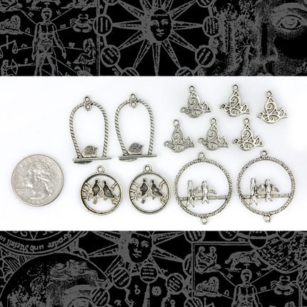 Silver Birds of a Feather Pendant/Charms - Three Sets of Two Different Pendant/Charms and Six Flying Bird Charms - ZS-P02Set
