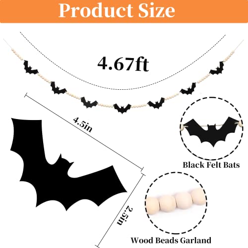 Halloween Decorations Indoor/Outdoor, Wood Halloween Felt Bats Bead Garland Banner for Halloween Decor, Farmhouse Halloween Decorations for Fireplace Mantle Walls