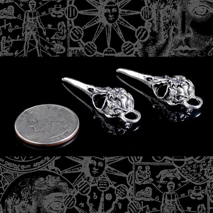 Faux Silver Raven Skulls Pendants Charms - Set of Two - ZS-P15