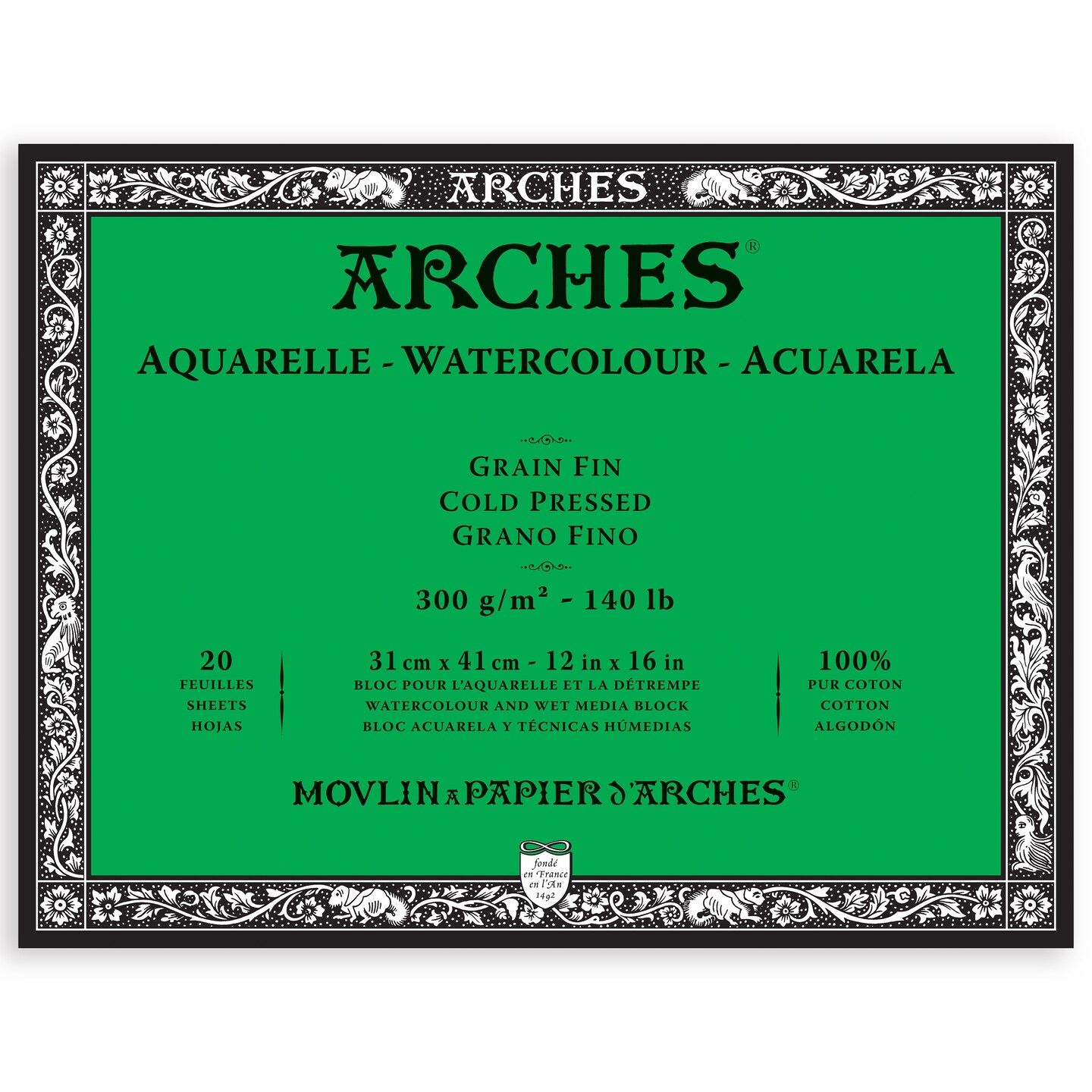 Arches Aquarelle Cold Pressed Watercolor Block 12"X16"- 140lb, 20 Sheets