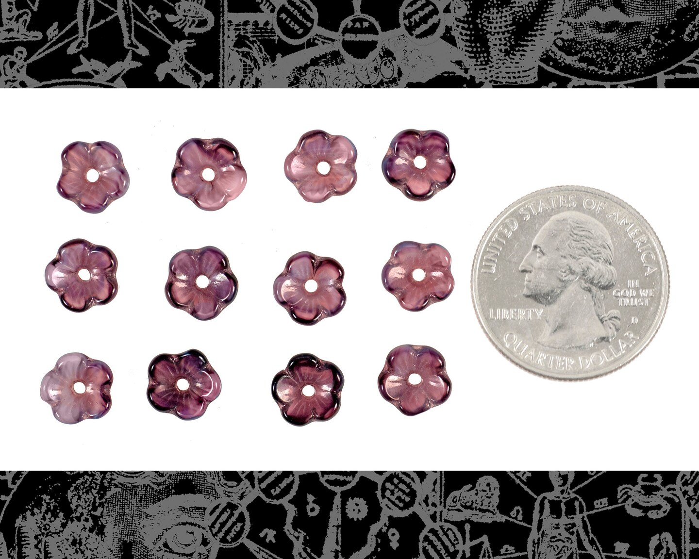 7mm Center Hole German Purple Glass Open Flower Beads - 12 Beads - XXX - GB-FB23