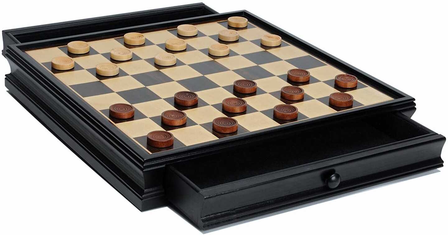 WE Games Golf Chess &#x26; Checkers Game Set - Pewter Chessmen &#x26; Black Stained Wood Board with Storage Drawers 15 in.