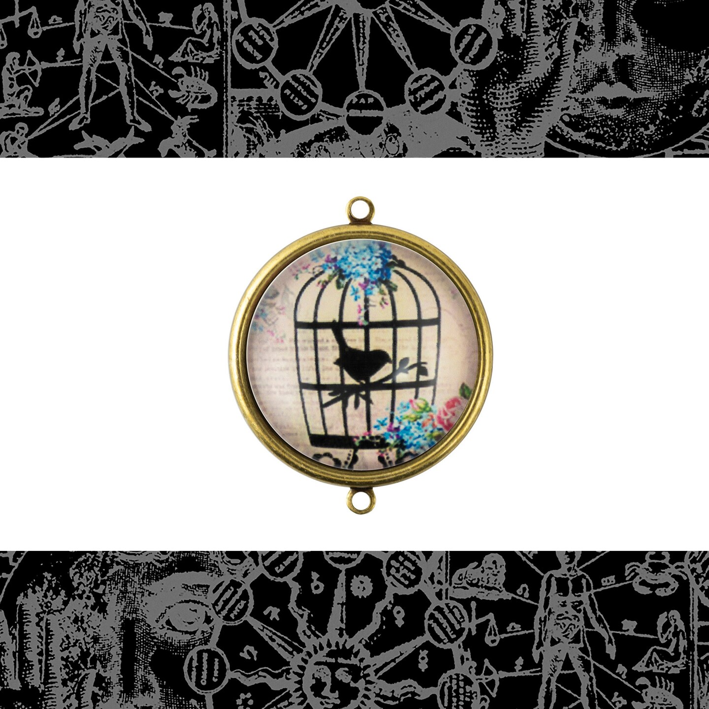 25mm Round One Bird in Ornate Bird Cage with Blue and Pink Flowers Cabochons Set of Two - CAB71