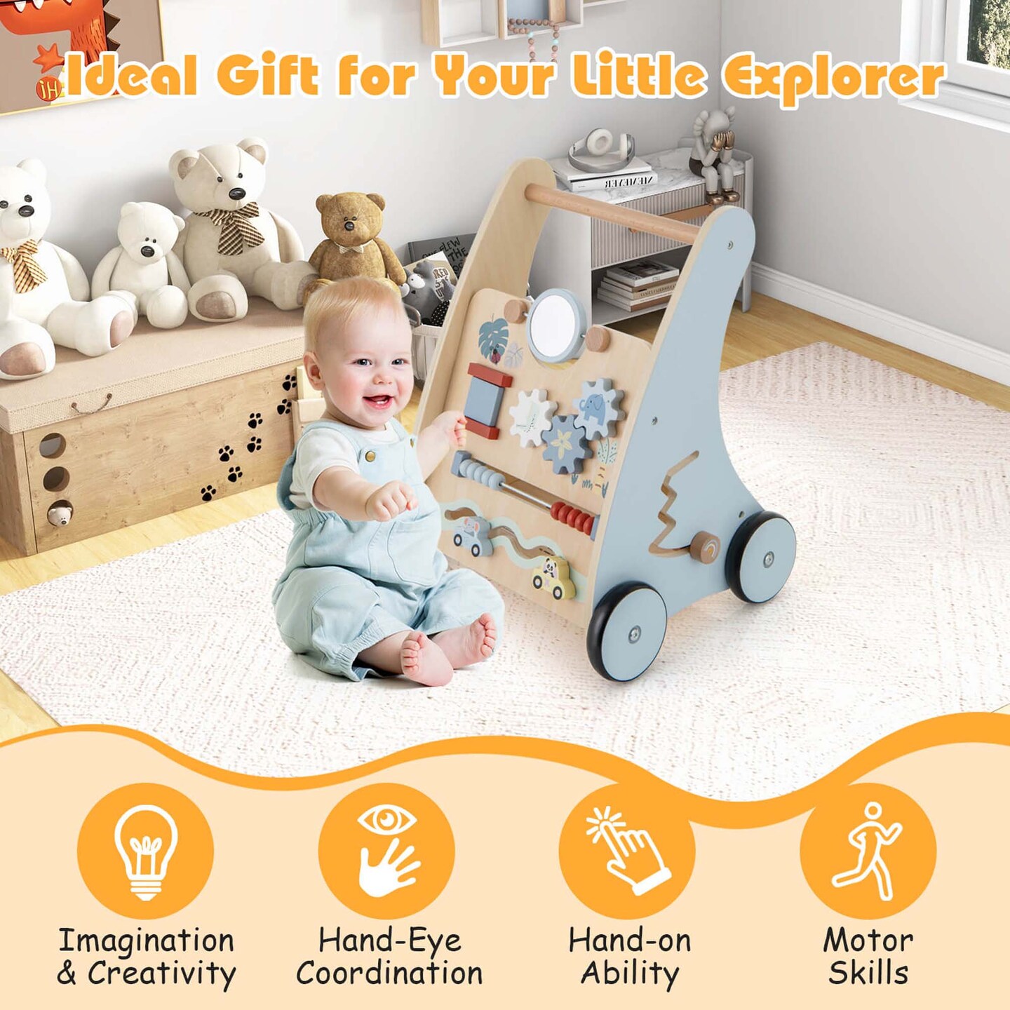 Costway Wooden Baby Walker Push &#x26; Pull Walker with Multi-Activity Learning Center