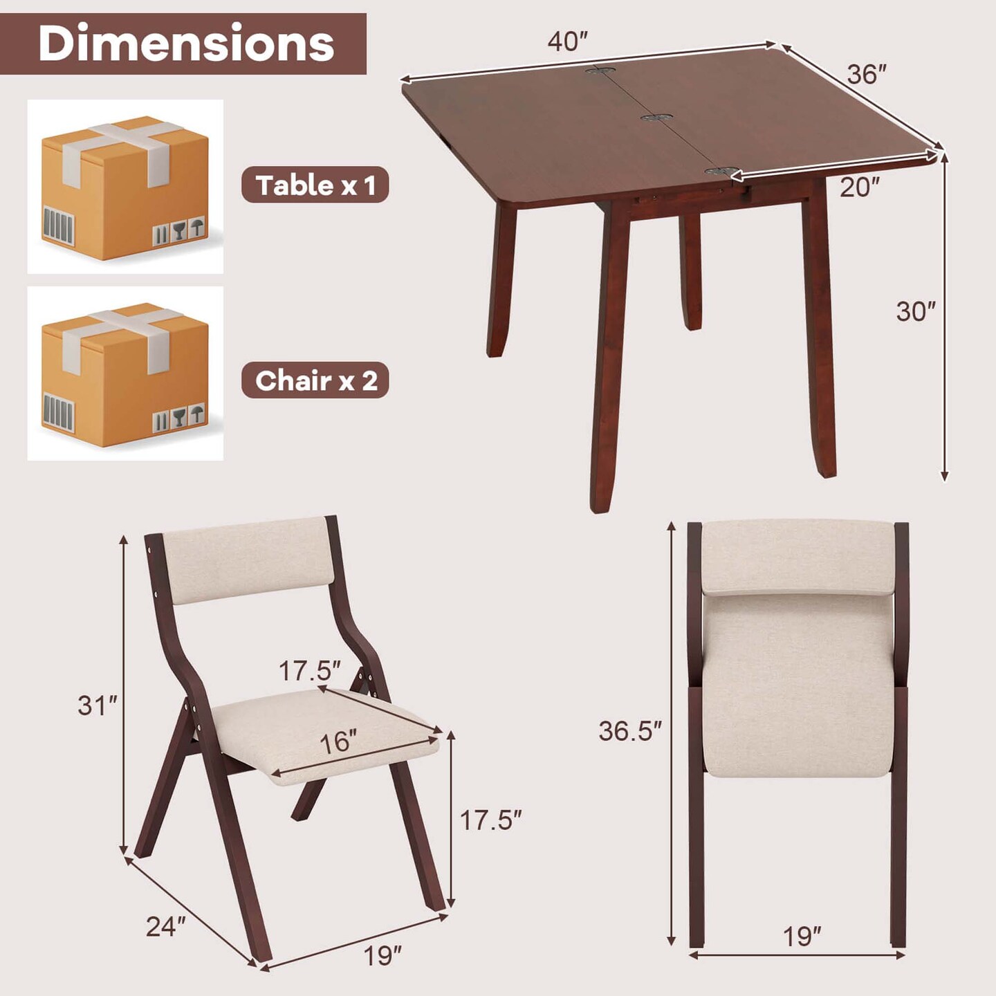 Costway Kitchen Table Set for 2/4 with Expandable Dining Table 2/4 Upholstered Folding Chairs