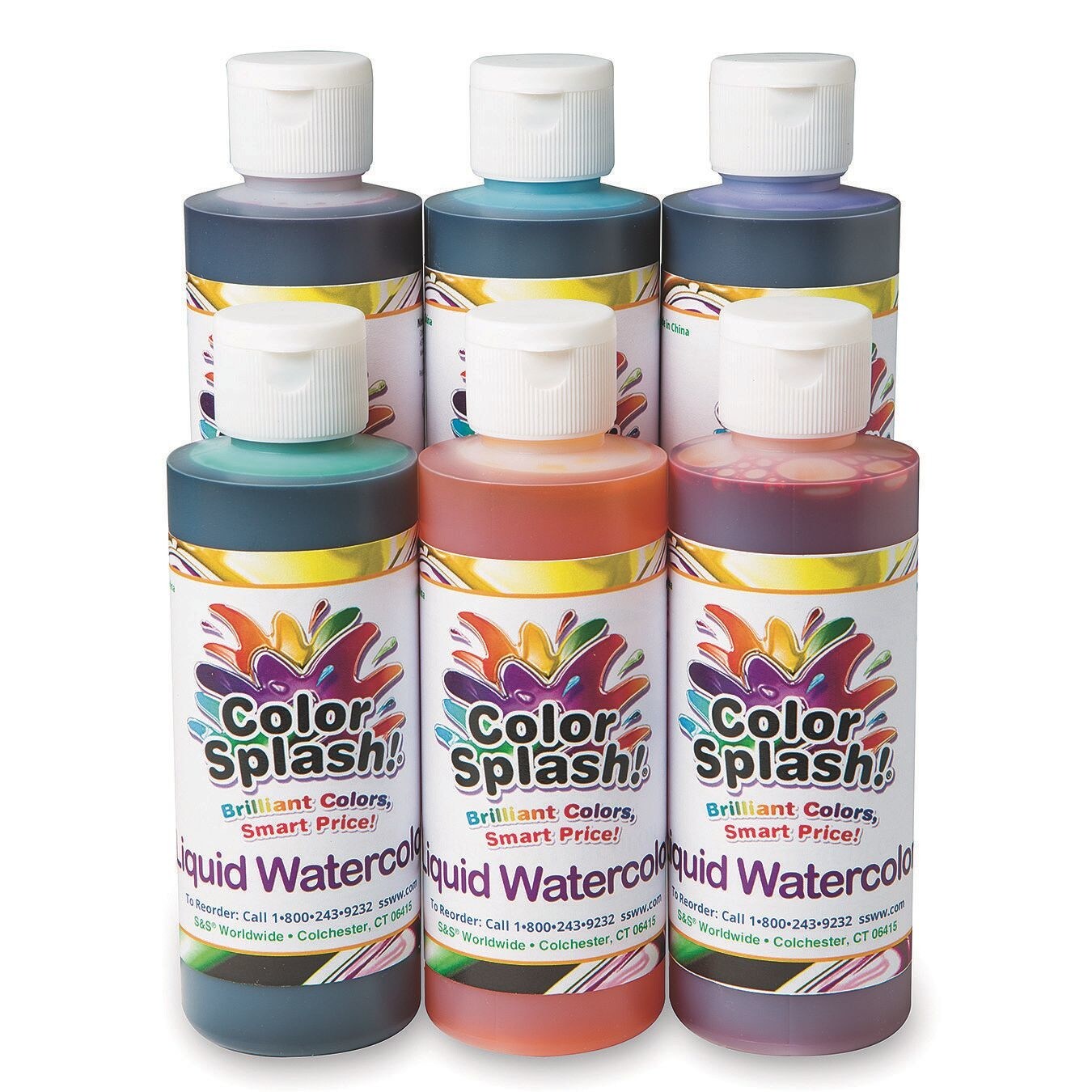 S&#x26;S Worldwide Color Splash! Liquid Watercolor Paint, 6 Vivid Concentrated Colors, 8-oz Flip-Top Bottles, For All Watercolor Painting, Use to Tint Slime, Clay, Glue, Shaving Cream, Non-Toxic. Pk of 6.