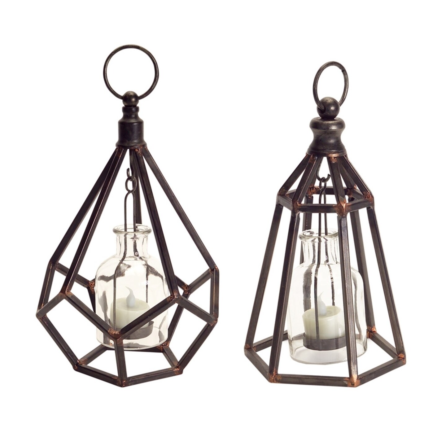 Melrose Set of 2 Geometric Hanging Glass Bottle Tealight Candle Holders 10.5"