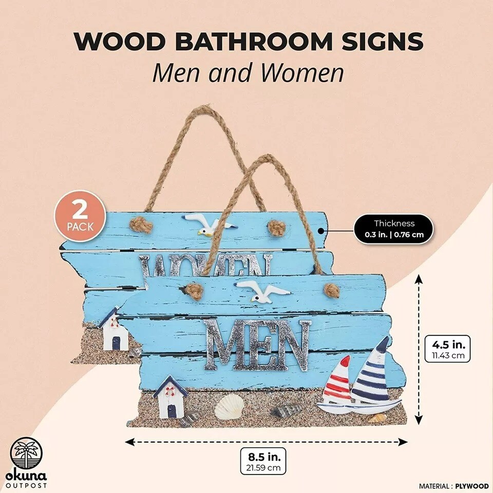 Wooden Bathroom Signs for Men and Women, Beach Decor (7.87 x 4.7 in, 2 Pack)