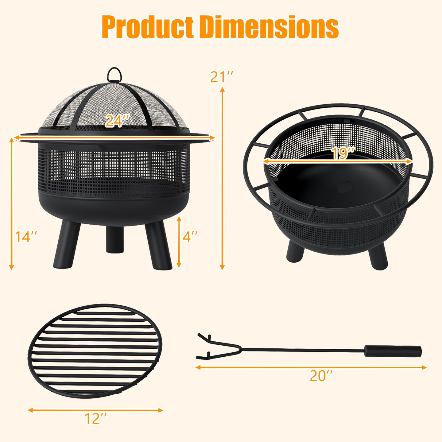 Black Wood Burning Fire Pit with Log Grate and Mesh Screen for Outdoor Use 24