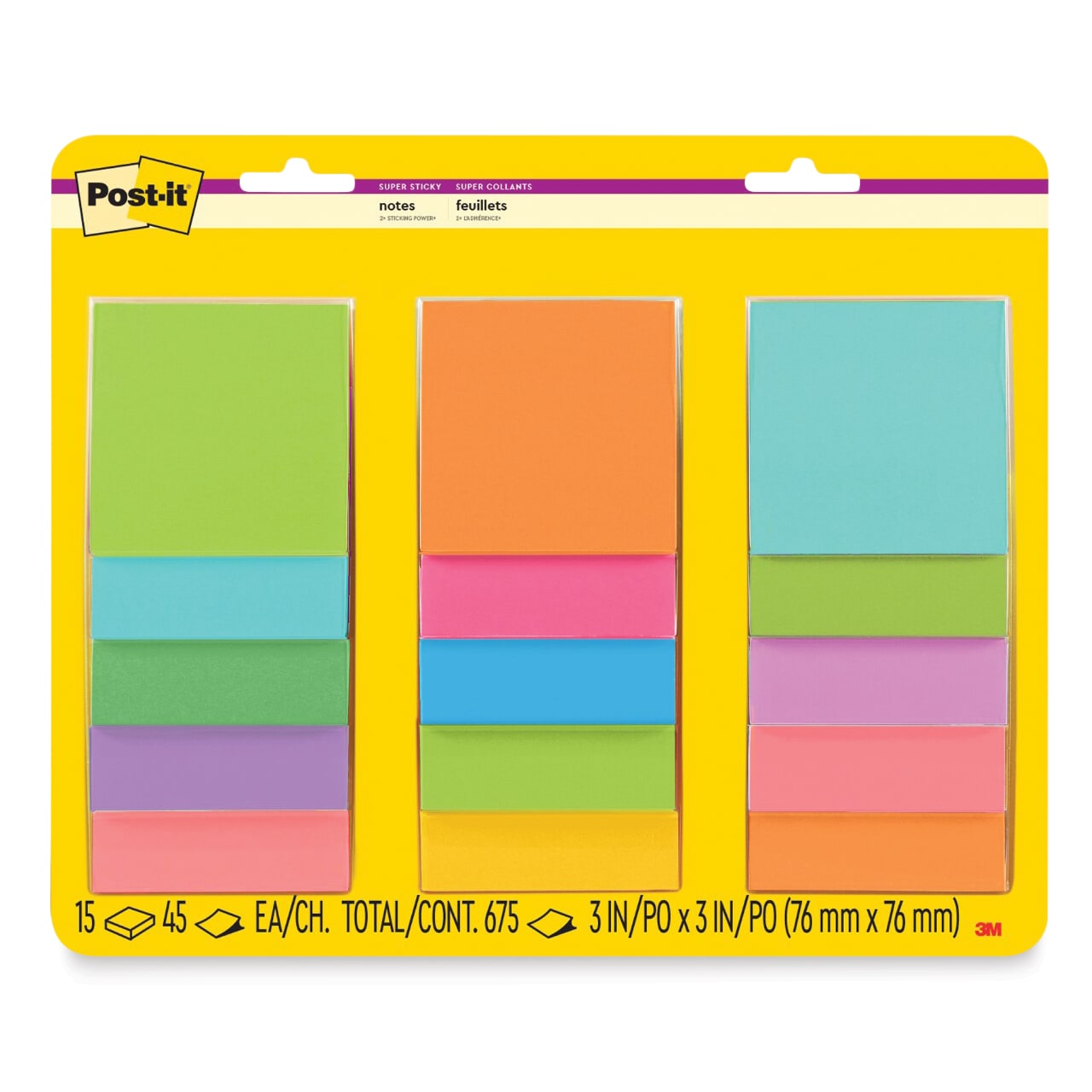 Post-it Super Sticky Notes - Pkg of 15, 3" x 3", Assorted Colors, Blank