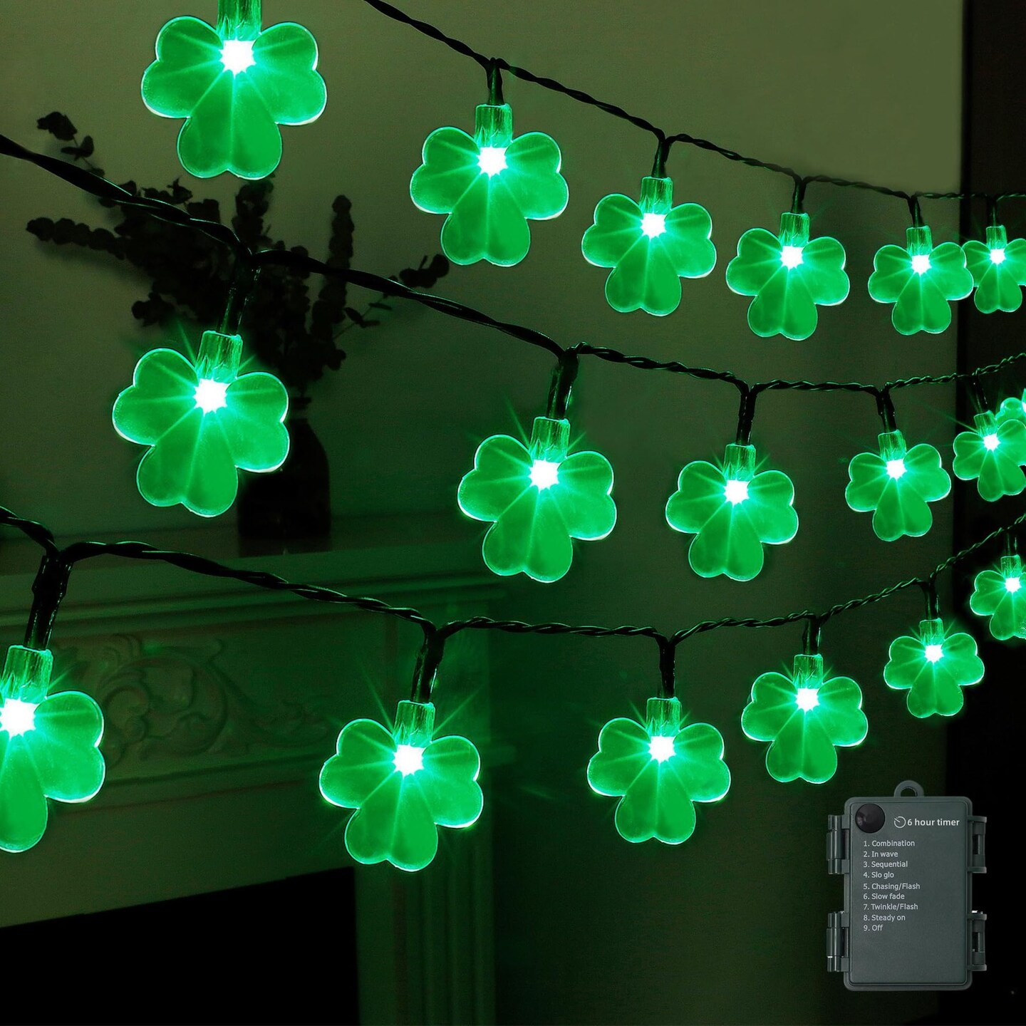 St. Patricks Day String Lights Outdoor, 50 LED 16 FT Shamrocks Decorative Green Leaf Lights Battery Operated, 8 Lighting Modes & Timer, Waterproof for Home Garden Party Decoration, 1 Pack