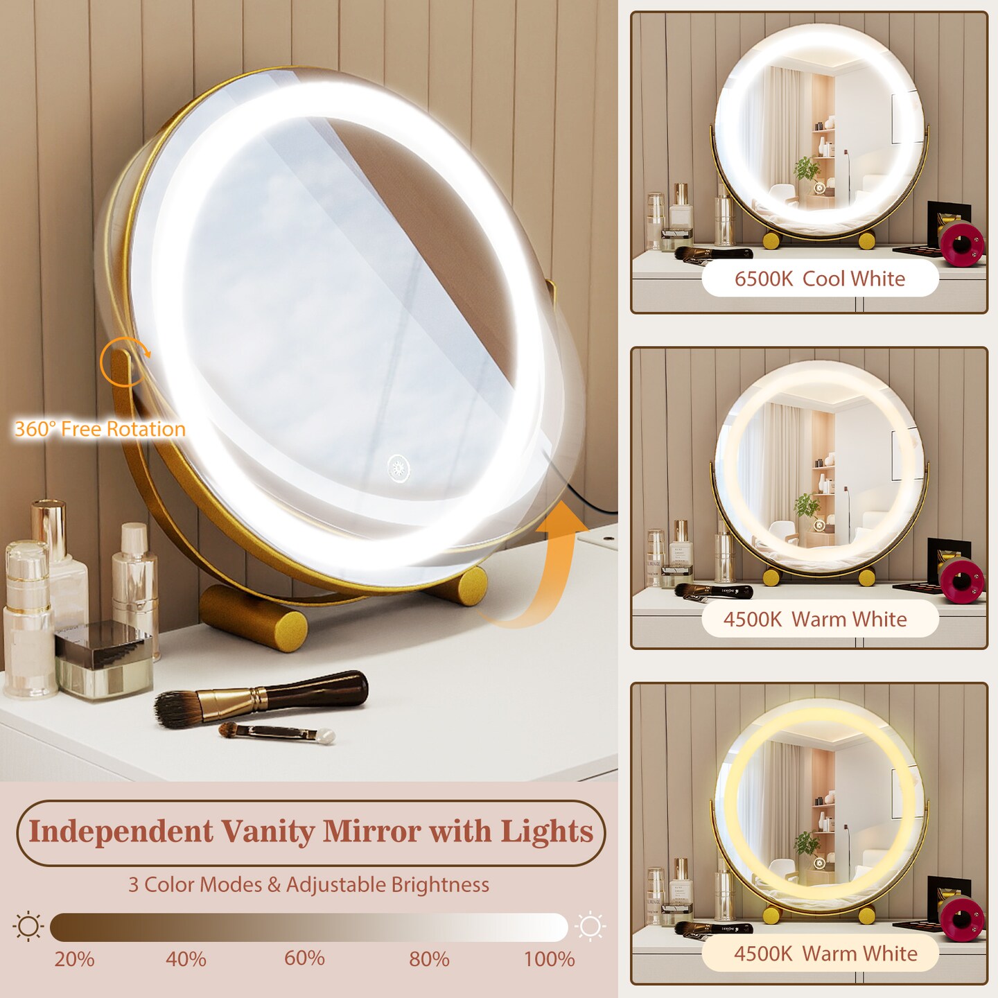 White Vanity Desk with Lighted Adjustable Mirror and Storage for Bedroom