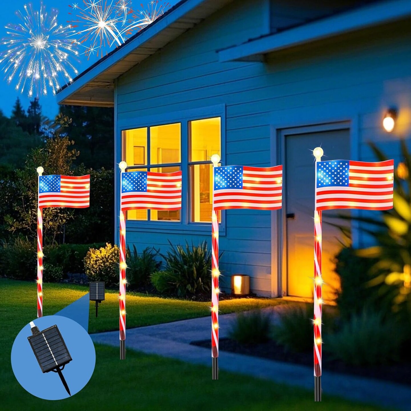 4 Pack Solar American Flag Lights - Outdoor 4th of July Yard Decorations, 1200mAh Garden Flag Lights, 27in Waterproof USA Flag Pathway Light,Independence Day & Memorial Day Lawn Decor