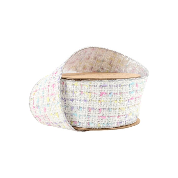 LaRibbons 4" - 2 1/2" Wired Ribbon | Tweed White w/ Silver Backing | 10 Yard Roll