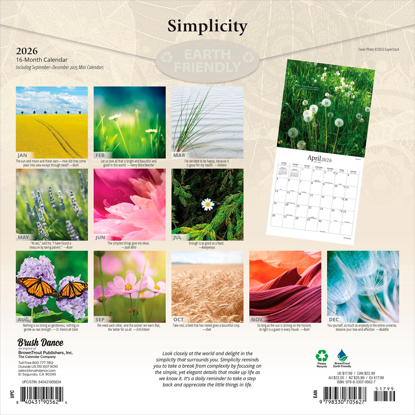 Simplicity | 2026 12 x 24 Inch (Hanging) Monthly Square Wall Calendar | Plastic-Free